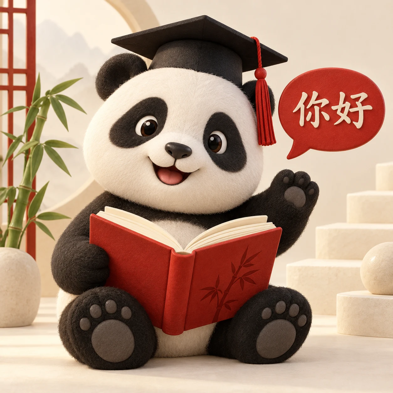 Minh họa gấu trúc đội mũ tốt nghiệp, đọc sách và chào 你好